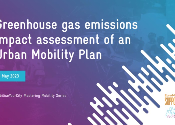 a slide with the title of the webinar on "Greenhouse gas emissions impact assessment of an Urban Mobility Plan"